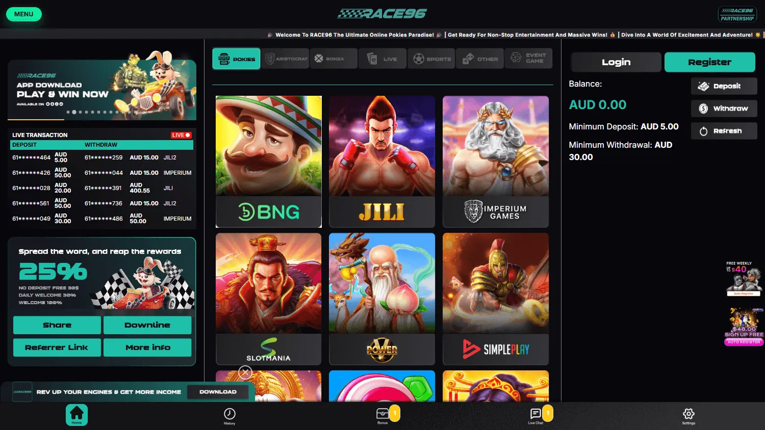 Race96 Casino desktop games catalogue with casino and live game categories