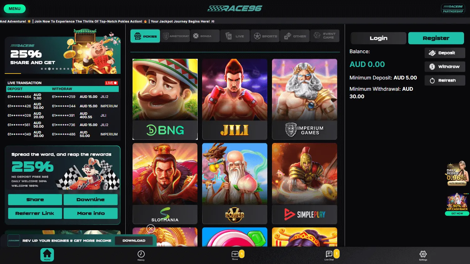 Race96 Casino desktop home interface for Australian players